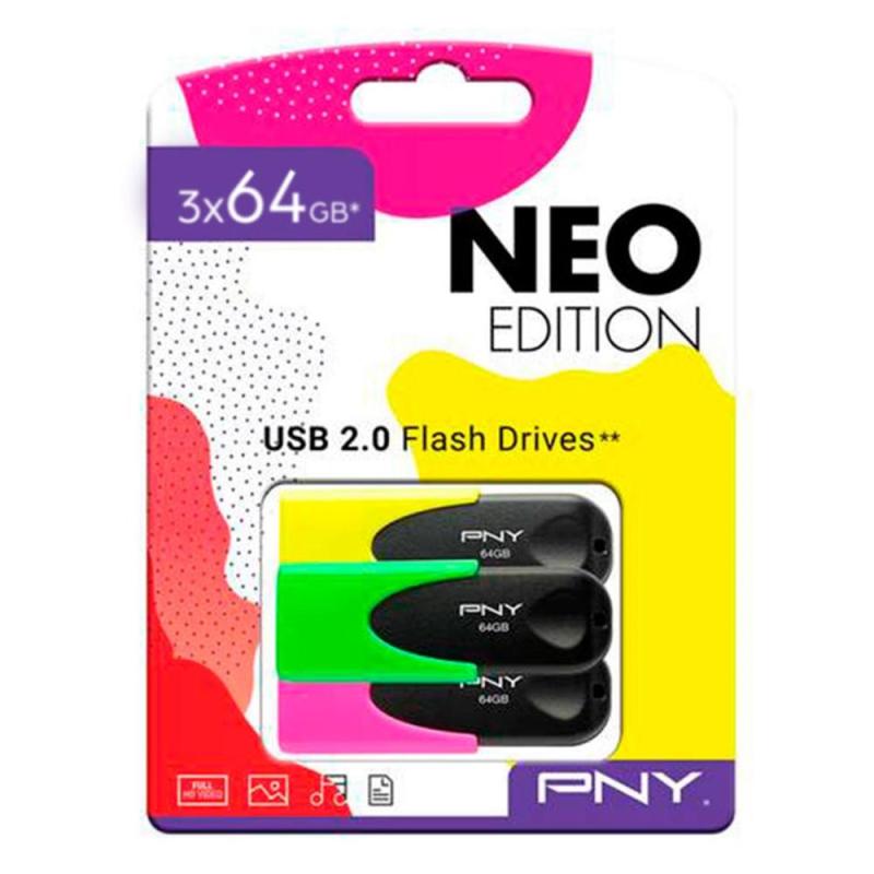 Memoria usb 2.0 pny neon 64gb pack 3 unidades