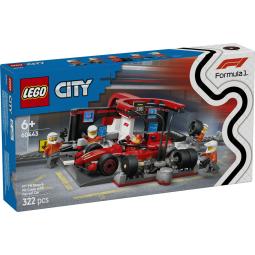 Lego city formula 1 parada en boxes y equipo de mecánicos con coche ferrari