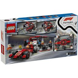 Lego city formula 1 parada en boxes y equipo de mecánicos con coche ferrari