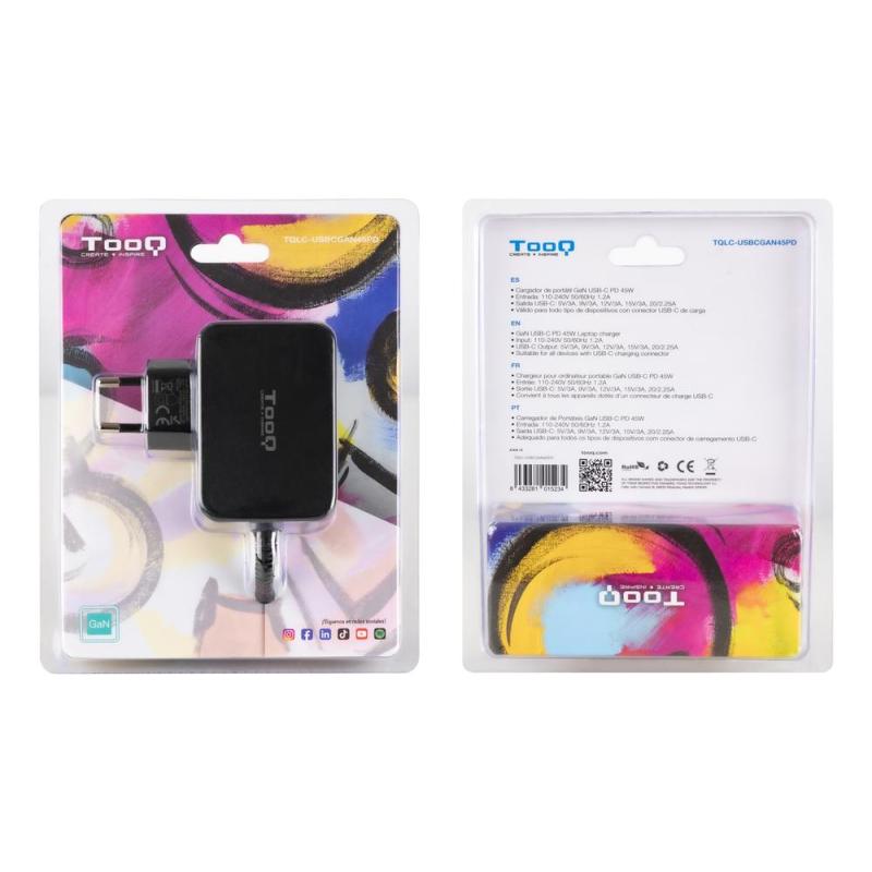 Cargador de pared tooq tqlc - usbcgan45pd 45w usb tipo c negro