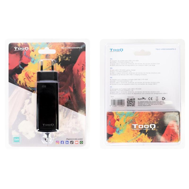 Cargador de pared tooq tqlc - usbcgan45pd - c 45w usb tipo c negro