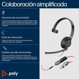 Auriculares poly blackwire 5210 monaural usb - c + conector de 3 -5 mm + adaptador usb - c - a (bulk)