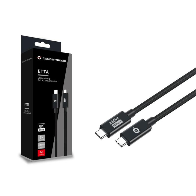 Cable usb - c conceptronic macho - macho 2m usb 4.0 gen 3 240w 48v 5a 40gbps e - mark