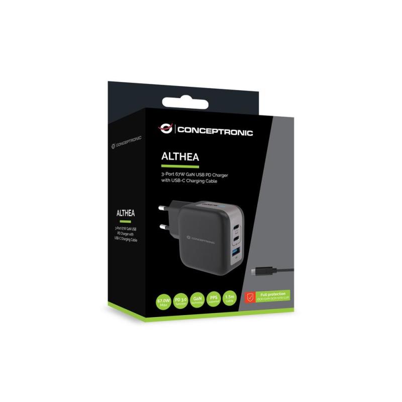 Cargador de pared conceptronic althea17b 67w 2x usb tipo c 1x usb tipo a