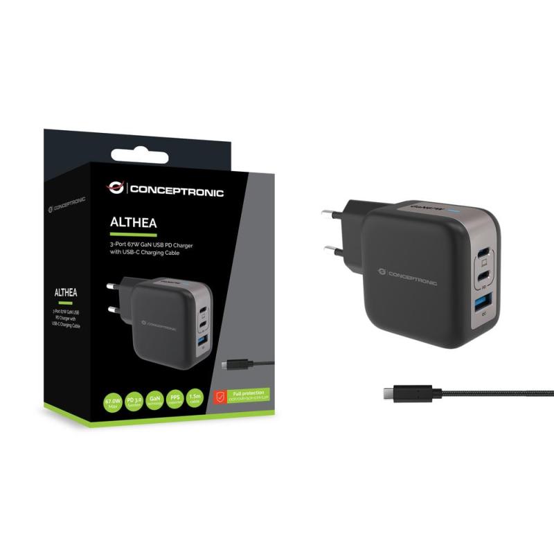 Cargador de pared conceptronic althea17b 67w 2x usb tipo c 1x usb tipo a
