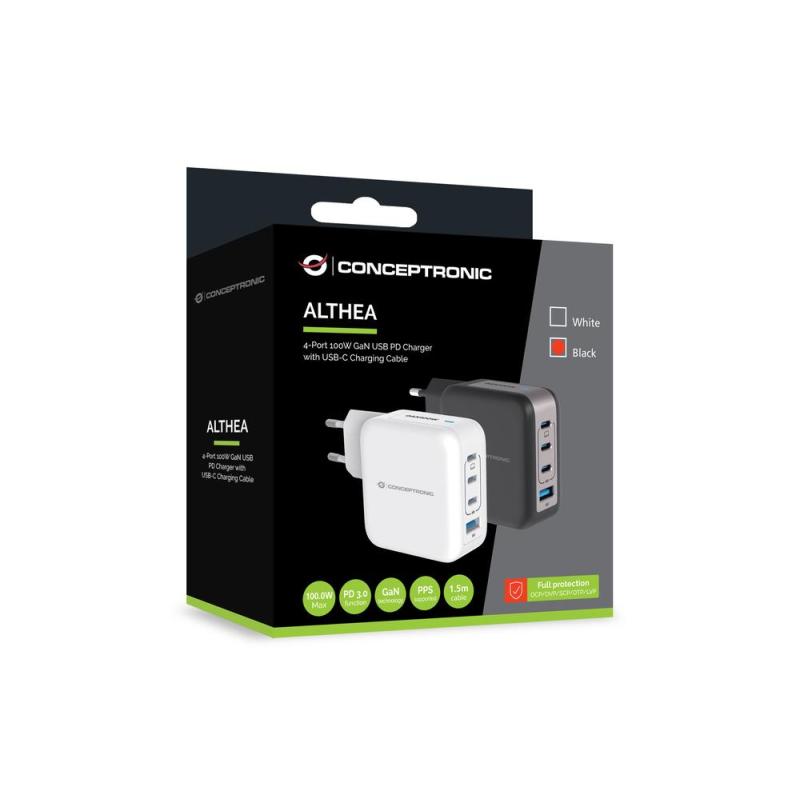 Cargador de pared conceptronic althea18b 100w 3x usb tipo c 1x usb tipo a