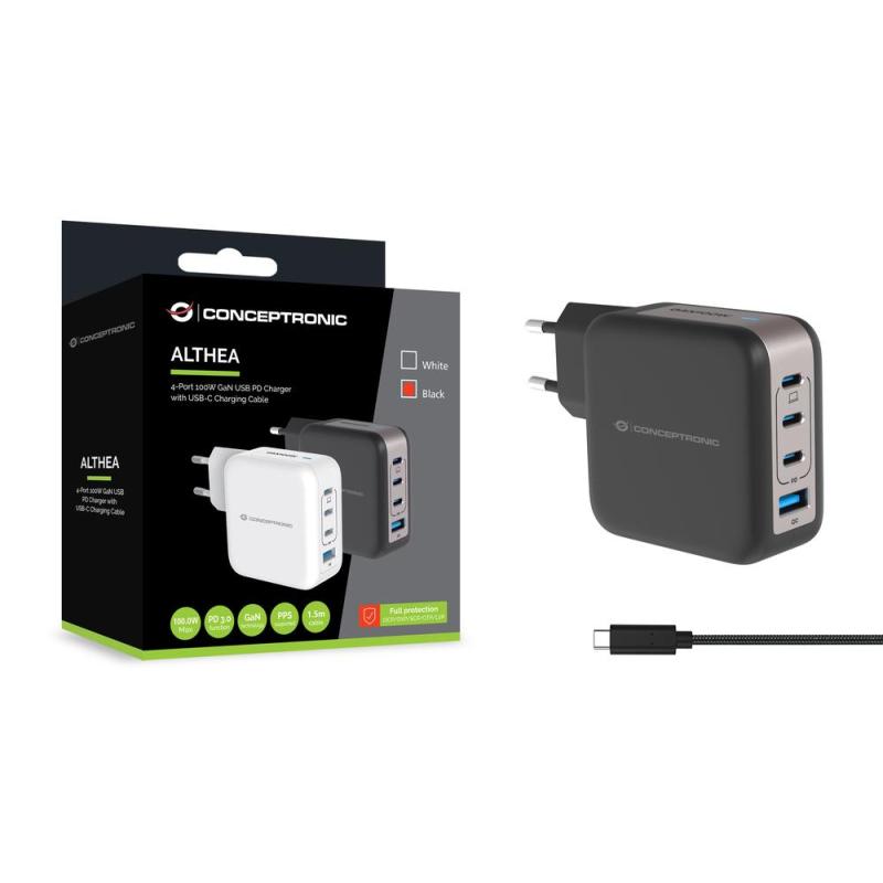 Cargador de pared conceptronic althea18b 100w 3x usb tipo c 1x usb tipo a