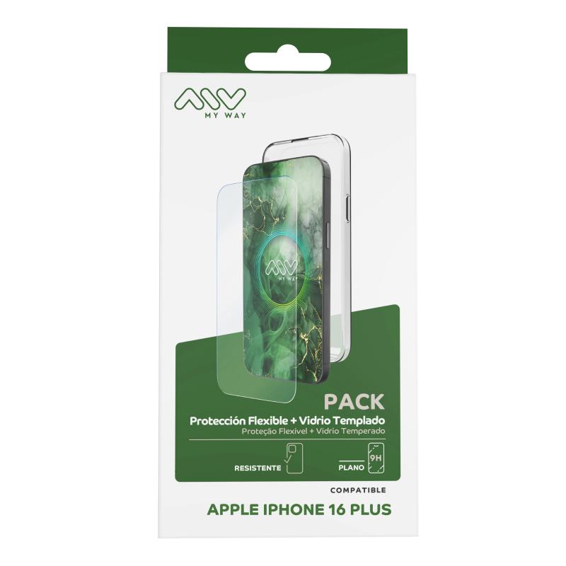Carcasa myway para apple iphone 16 plus transparente + protector pantalla cristal templado