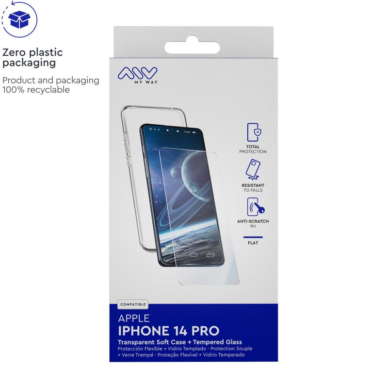 Carcasa myway para apple iphone 14 pro transparente + protector pantalla cristal templado