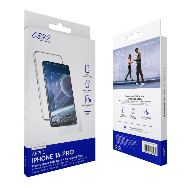 Carcasa myway para apple iphone 14 pro transparente + protector pantalla cristal templado