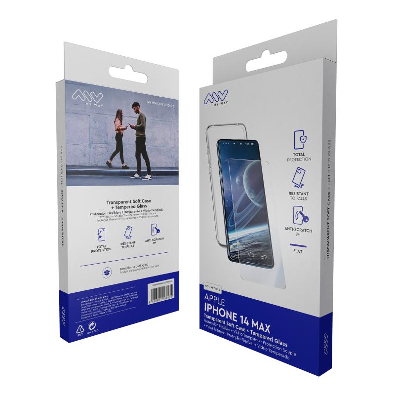 Carcasa myway para apple iphone 14 plus transparente + protector pantalla cristal templado