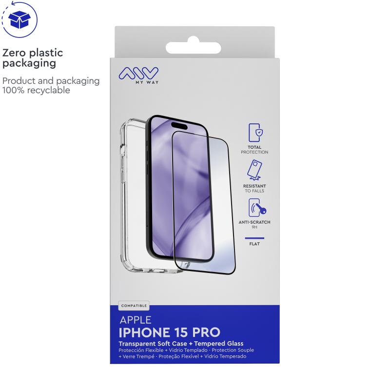 Carcasa myway para apple iphone 15 pro transparente + protector pantalla cristal templado