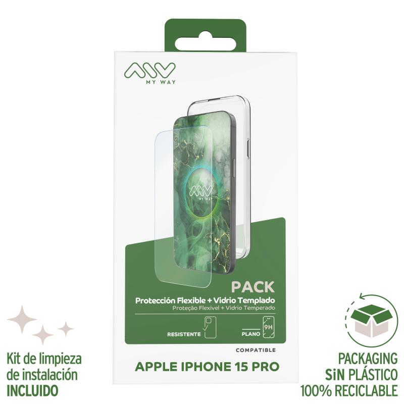 Carcasa myway para apple iphone 15 pro transparente + protector pantalla cristal templado