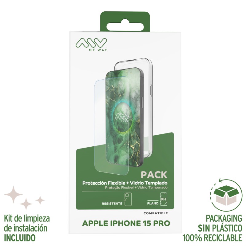 Carcasa myway para apple iphone 15 pro transparente + protector pantalla cristal templado