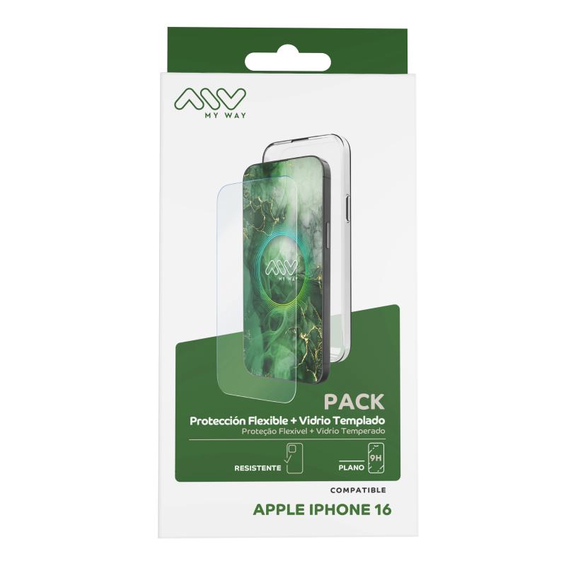 Carcasa myway para apple iphone 16 transparente + protector pantalla cristal templado