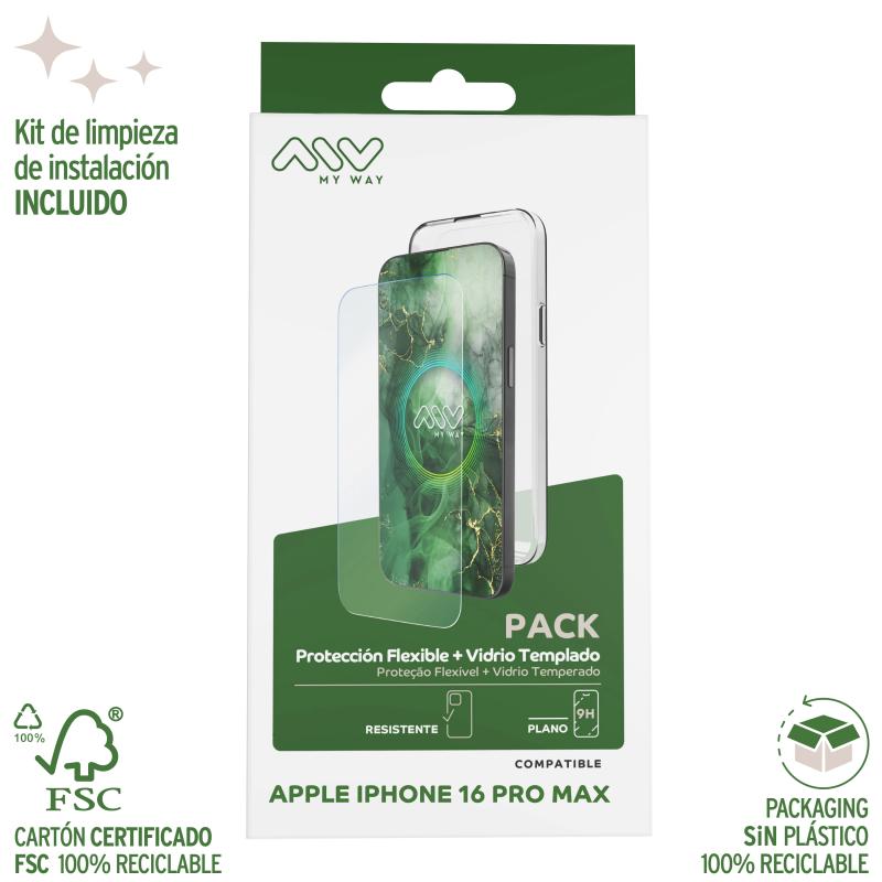 Carcasa myway para apple iphone 16 pro max transparente + protector pantalla cristal templado