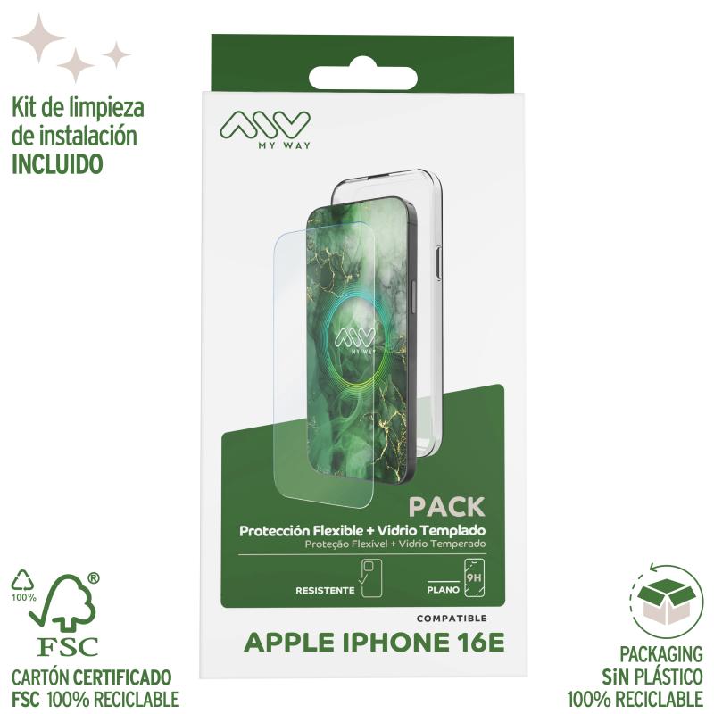 Carcasa myway para apple iphone 16e transparente + protector pantalla cristal templado