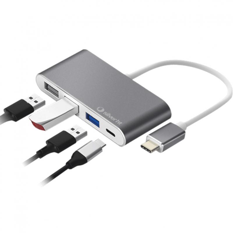 Hub logan usb tipo c silver ht 4 en 1 -  2 usb 2.0 -  usb 3.0 -  usb tipo c -  silver - Imagen 1