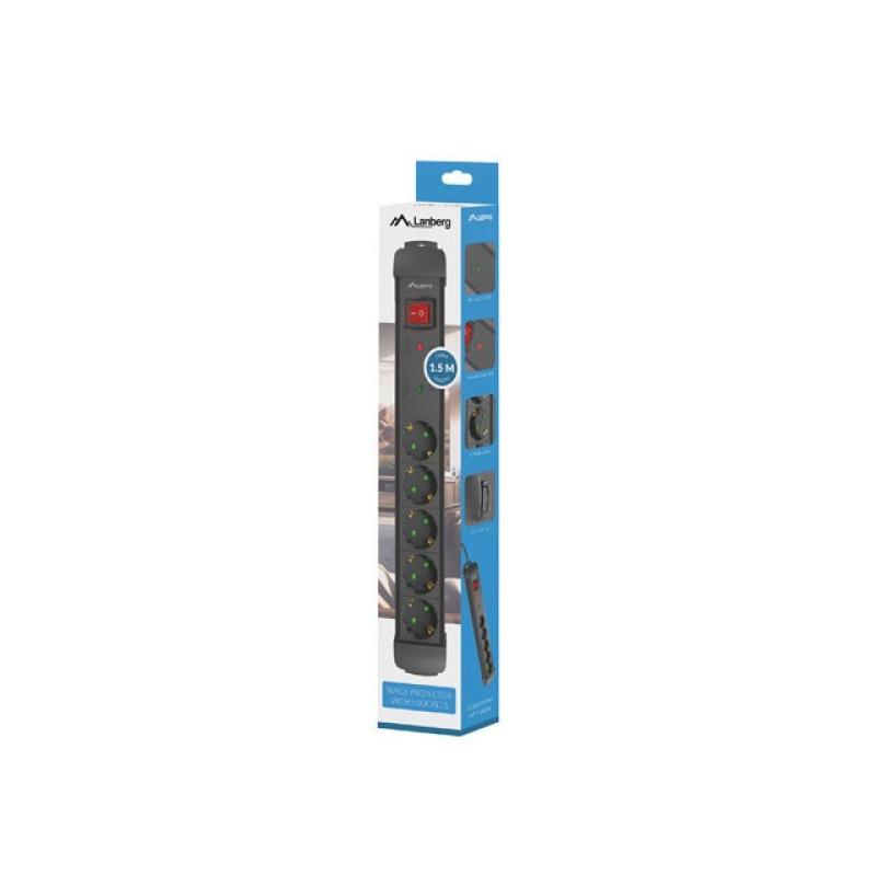 Regleta lanberg sp1 5 tomas schuko proteccion hasta 2500w negra 1.5m