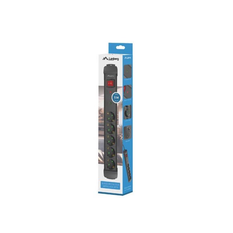 Regleta lanberg sp1 5 tomas schuko proteccion hasta 2500w negra 5m