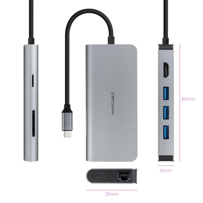 Hub coolbox usb - c 8 en 1 conversor usb - c 3.1 a 3xusb - a 3.0 + hdmi 4k@60hz + usb - c pd + rj45 1gbps + tf + sd aluminio gri