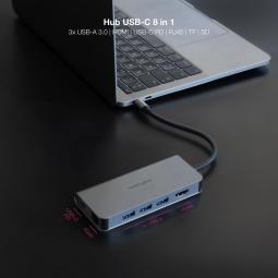 Hub coolbox usb - c 8 en 1 conversor usb - c 3.1 a 3xusb - a 3.0 + hdmi 4k@60hz + usb - c pd + rj45 1gbps + tf + sd aluminio gri