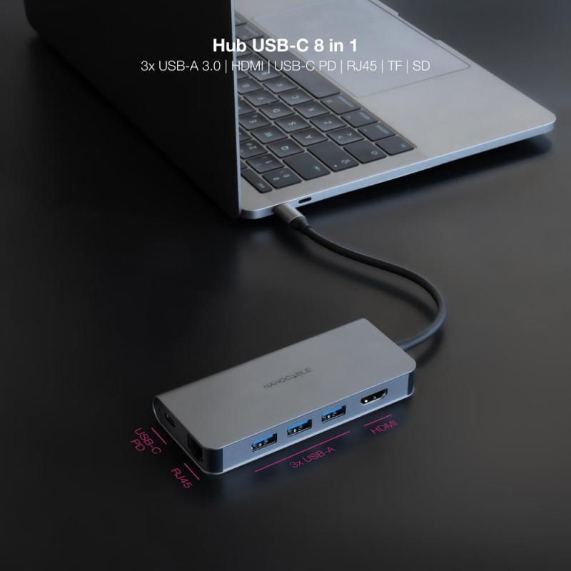 Hub coolbox usb - c 8 en 1 conversor usb - c 3.1 a 3xusb - a 3.0 + hdmi 4k@60hz + usb - c pd + rj45 1gbps + tf + sd aluminio gri