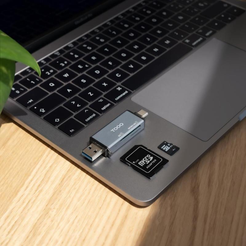 Lector de tarjetas tooq sd + tf - con entradas usb - c 3.0 + usb a - gris