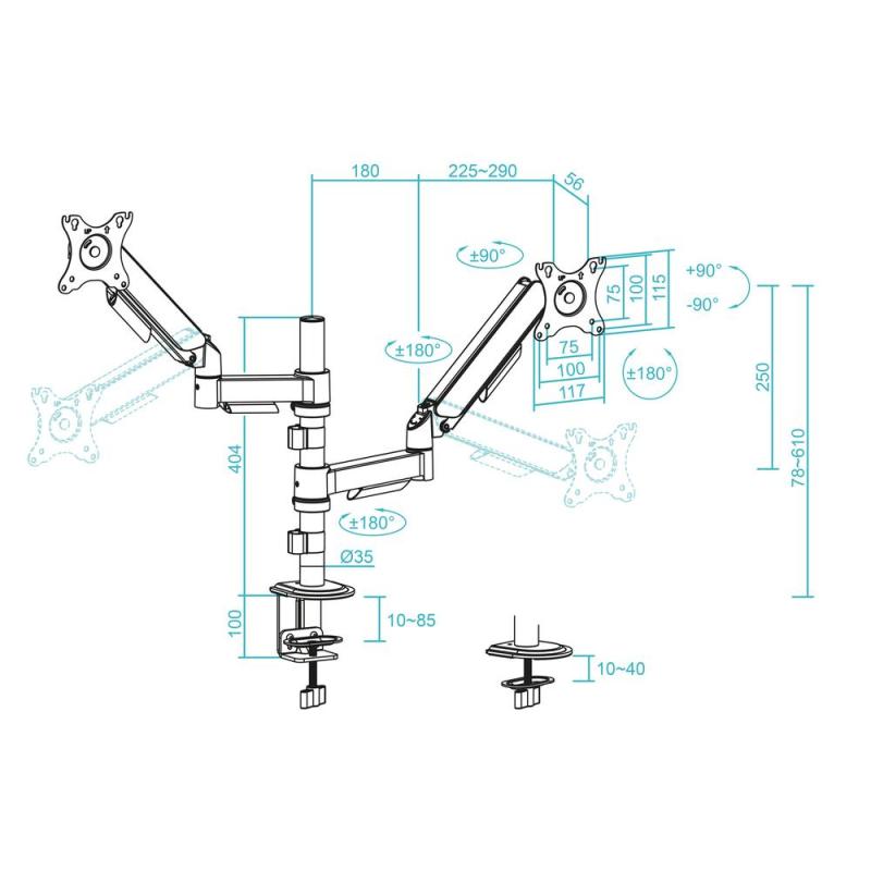 Soporte mesa tooq pantalla gira inclina 2 brazos 17 - 32 negro