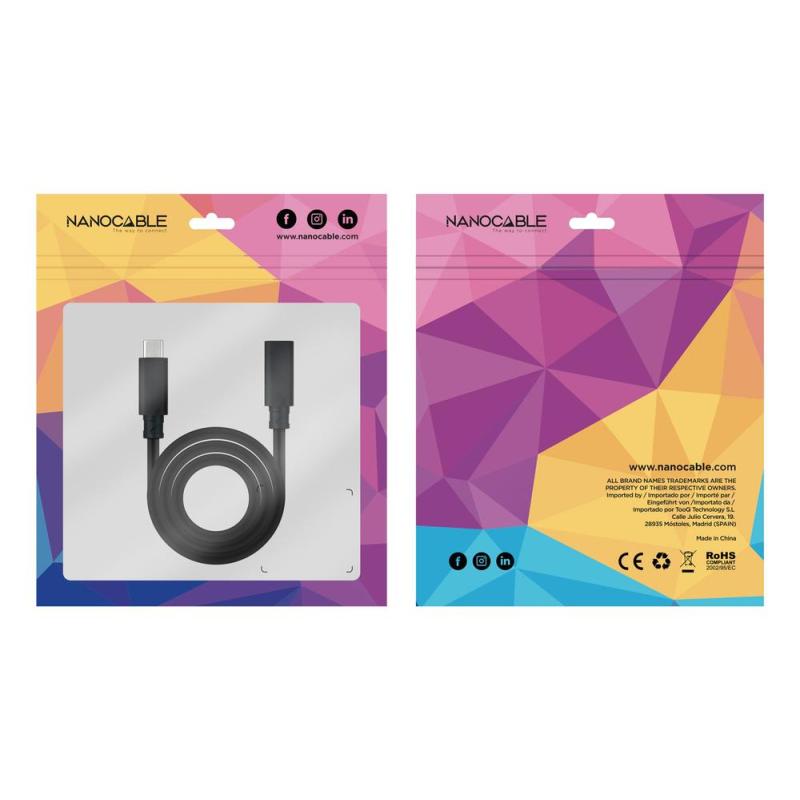 Cable prolongador nanocable usb - c 3.2 gen2x2 20gbp 100w - 5a - 4k - 60hz - usb - c - m - usb - c - h - negro - 1 m