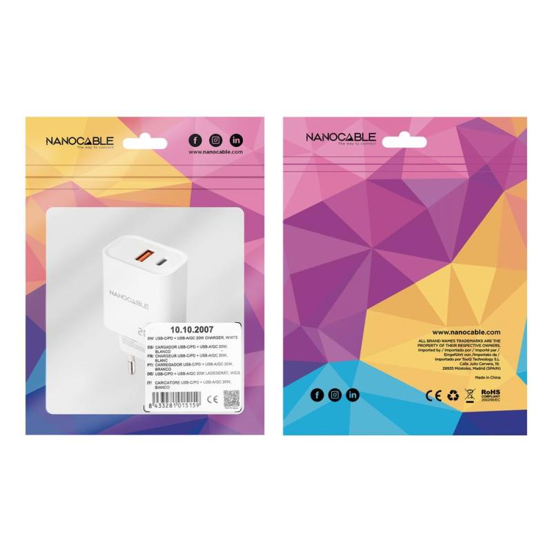 Cargador nanocable usb - c - pd + usb - a - qc 20w - blanco