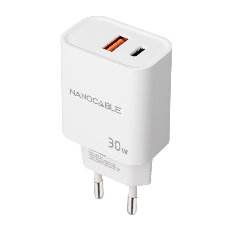 Cargador nanocable usb - c - pd + usb - a - qc 30w blanco