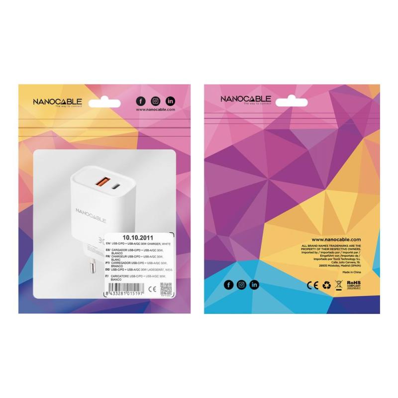 Cargador nanocable usb - c - pd + usb - a - qc 30w blanco
