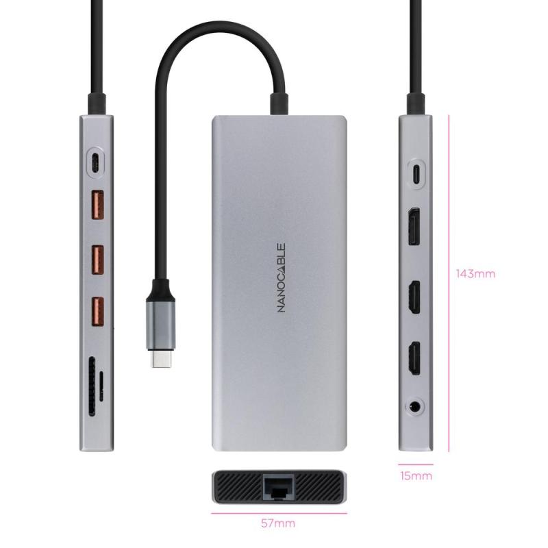 Hub nanocable usb - c 12 en 1 conversor usb - c 3.1 a 3xusb - a 3.2 + usb - c 3.2 + usb - c pd + 2xhdmi 4k@60hz + dp 4k@60hz + r