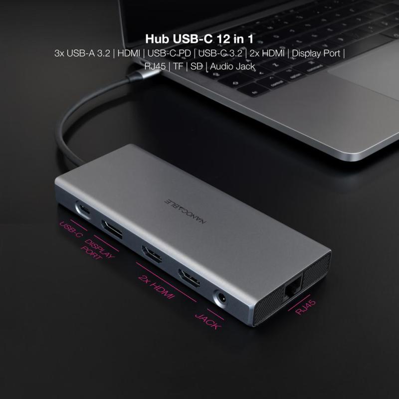 Hub nanocable usb - c 12 en 1 conversor usb - c 3.1 a 3xusb - a 3.2 + usb - c 3.2 + usb - c pd + 2xhdmi 4k@60hz + dp 4k@60hz + r