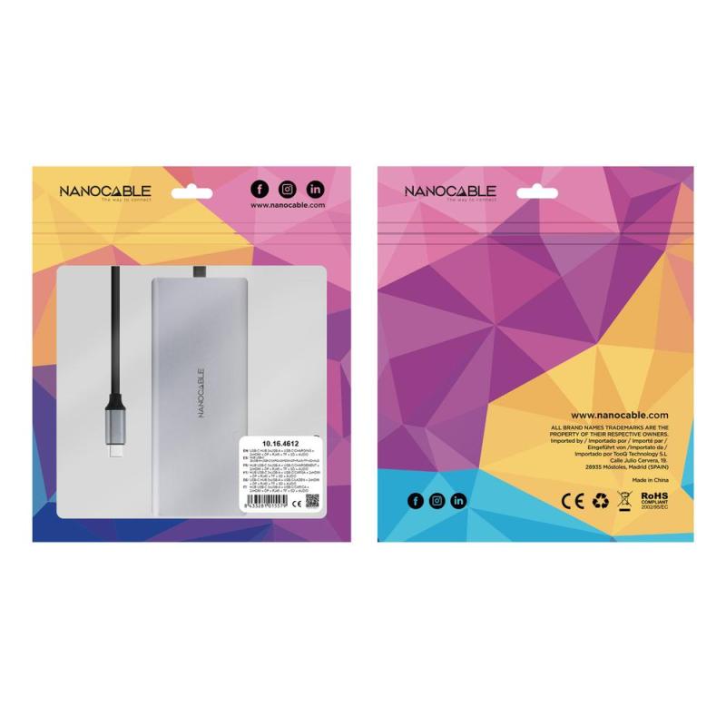 Hub nanocable usb - c 12 en 1 conversor usb - c 3.1 a 3xusb - a 3.2 + usb - c 3.2 + usb - c pd + 2xhdmi 4k@60hz + dp 4k@60hz + r