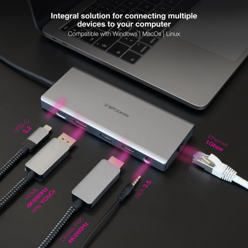 Hub nanocable usb - c 12 en 1 conversor usb - c 3.1 a 3xusb - a 3.2 + usb - c 3.2 + usb - c pd + 2xhdmi 4k@60hz + dp 4k@60hz + r
