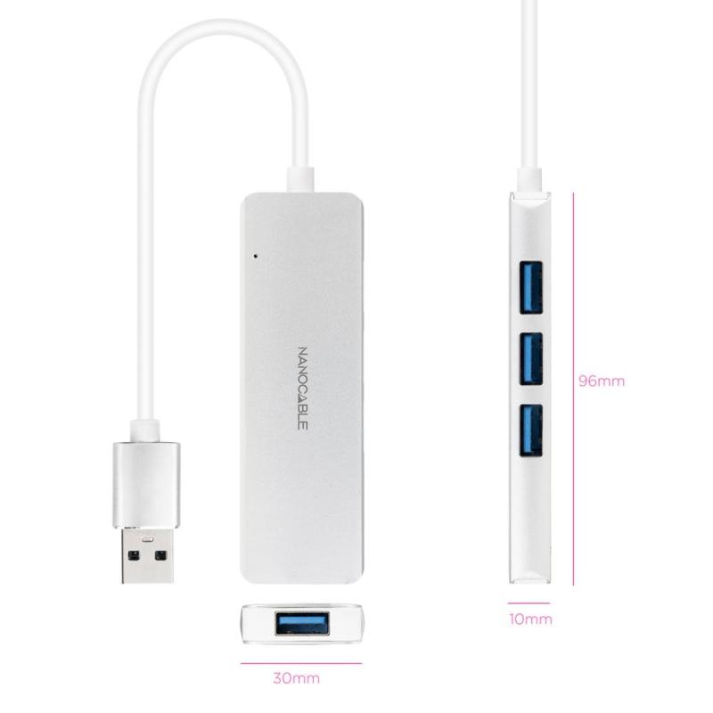 Hub nanocable usb - a 3.0. a 4xusb3.0 usb - a - m - usb 3.0 - h aluminio color plata 18 cm