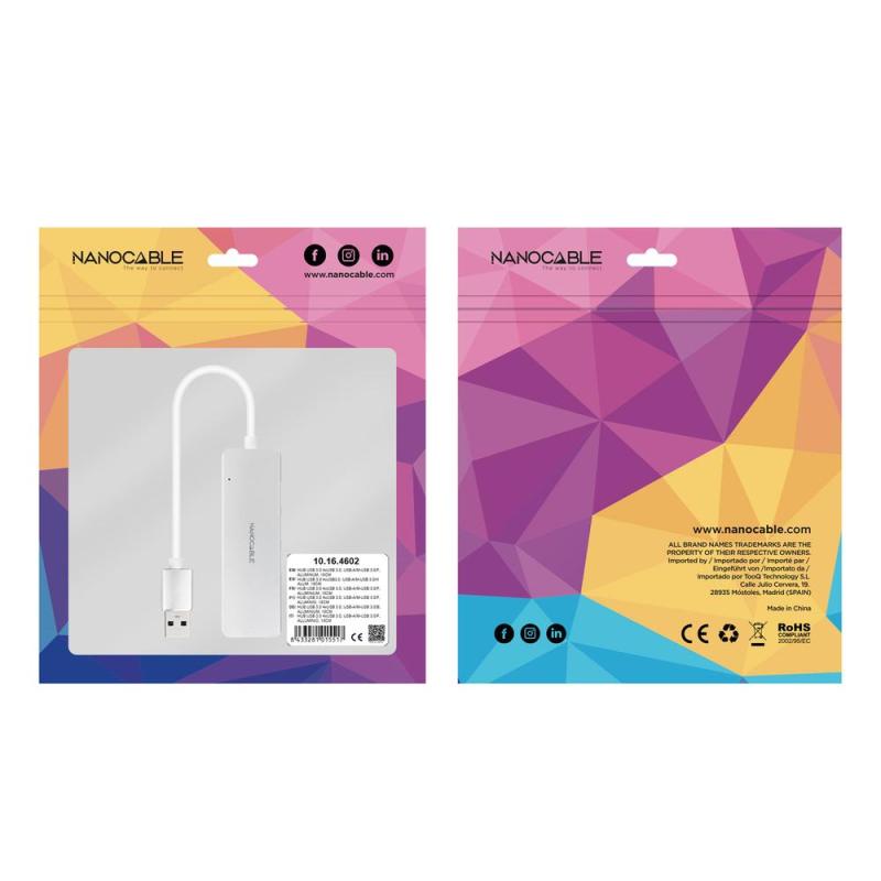 Hub nanocable usb - a 3.0. a 4xusb3.0 usb - a - m - usb 3.0 - h aluminio color plata 18 cm