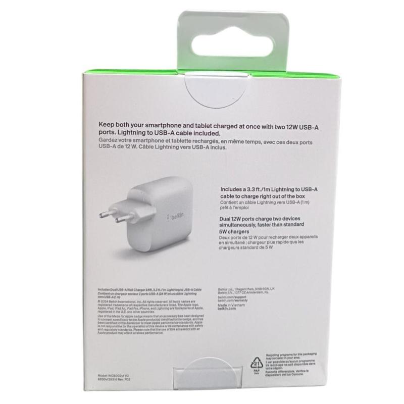 Cargador belkin wcd001vf1mwh 24w 2x usb tpo a + cable lightning a usb tipo a 1m