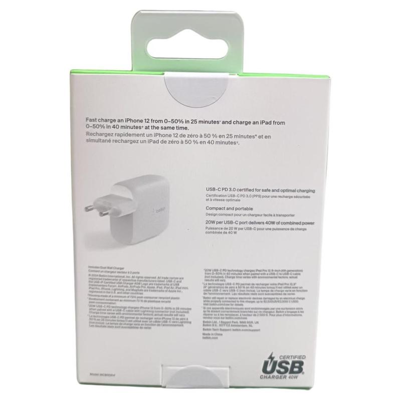 Cargador belkin wcb006vfwh 40w 2x usb tipo c blanco
