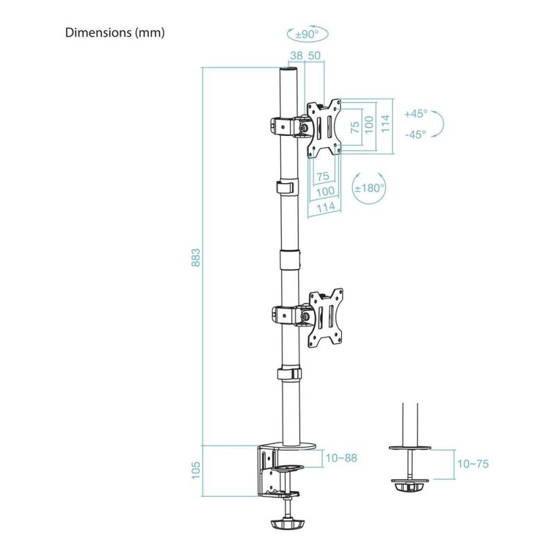 Soporte de mesa tooq 2 x 17 pulgadas - 32 pulgadas db1233tnv - b negro