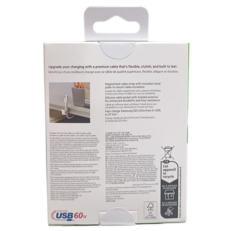 Cable usb tipo c belkin 3m - macho - macho - blanco - trenzado