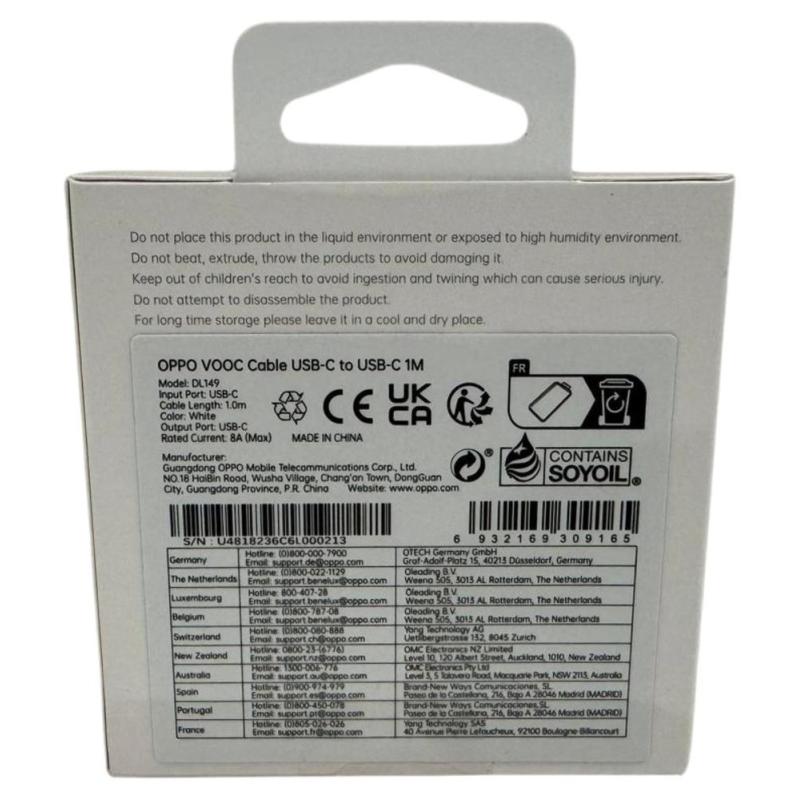 Cable usb tipo c oppo 1m - macho - macho - blanco