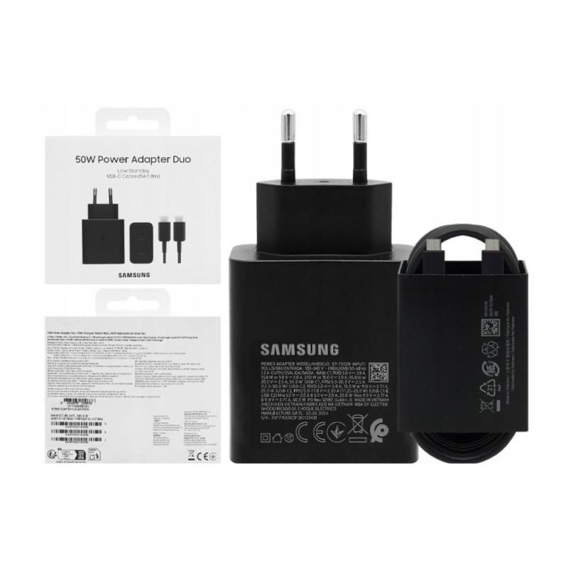 Cargador samsung 50w 2x usb tipo c negro + cable usb tipo c