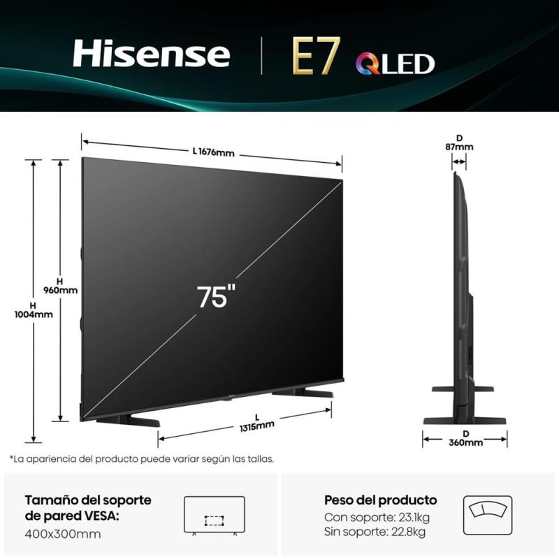 Tv hisense 75 pulgadas qled 4k uhd - 75e7q - smart tv