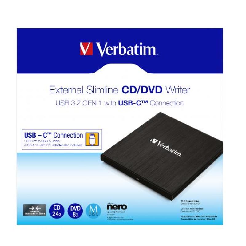 Lector cd - dvd slim verbatim usb tipo c