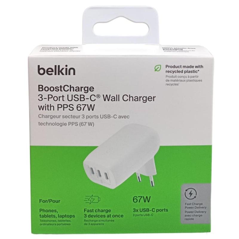 Cargador belkin wcc002vfwh 67w 3x usb tipo c blanco