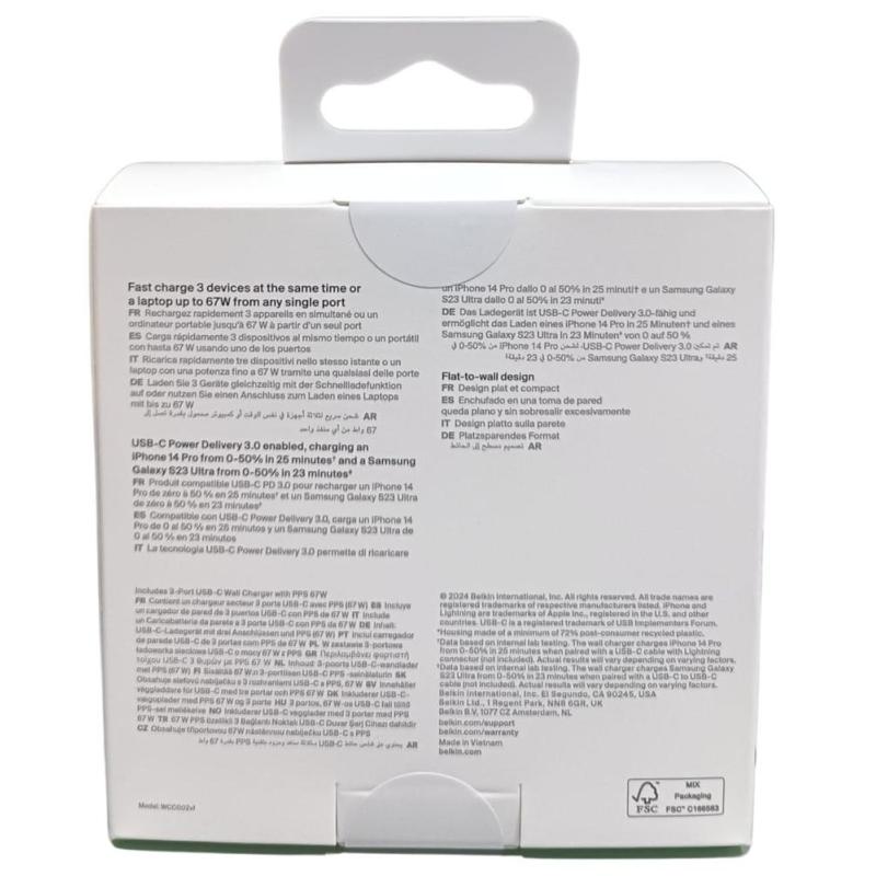 Cargador belkin wcc002vfwh 67w 3x usb tipo c blanco