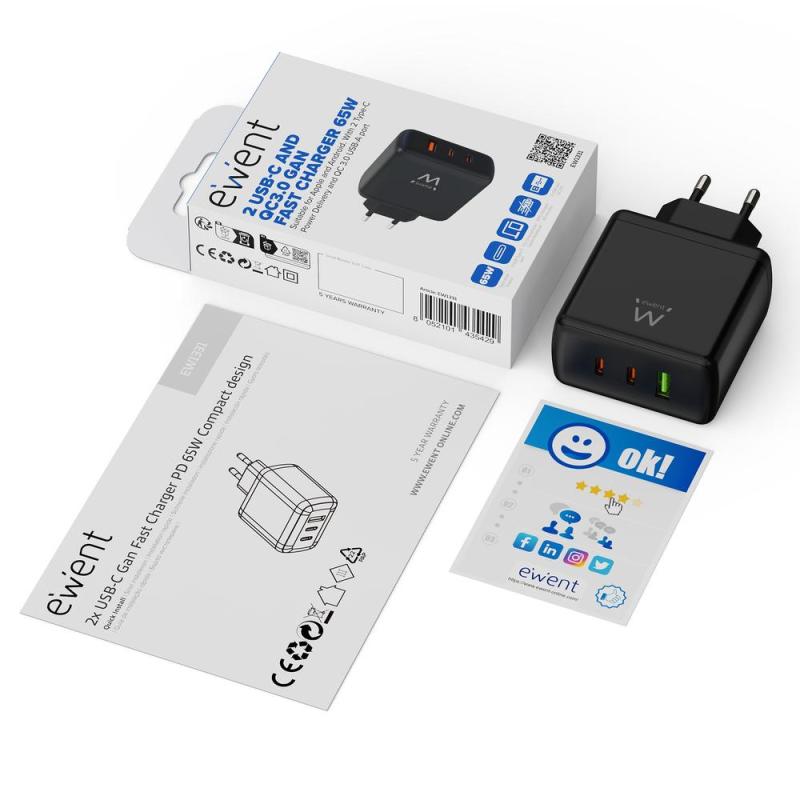Cargador ewent ew1331 65w 2x usb tipo c 1x usb tipo a